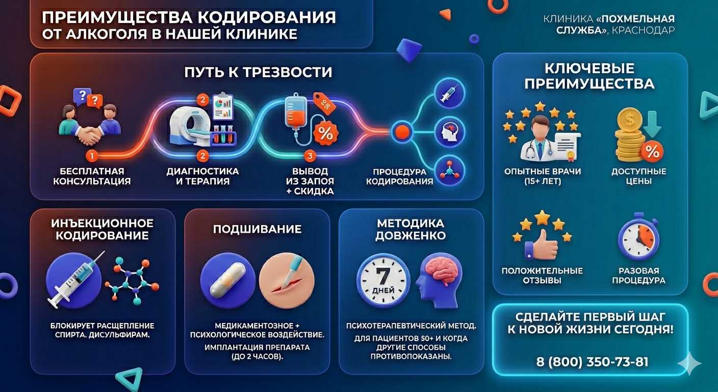 Инфографика о методах кодирования от алкоголя в Сорочинске: инъекции, подшивание, метод Довженко. Преимущества клиники и этапы лечения.