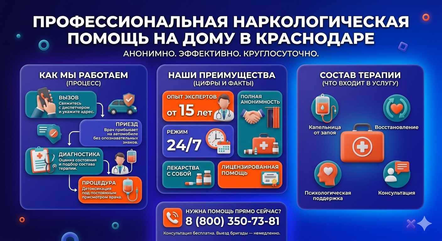 Инфографика о принципах лечения алкоголизма на дому в Сорочинске: этапы вызова нарколога, преимущества анонимной детоксикации и состав медицинской помощи.